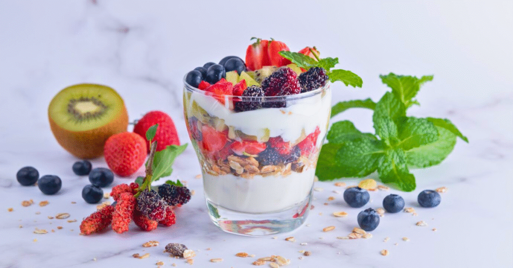 Greek yogurt, mixed berries, and a sprinkle of granola