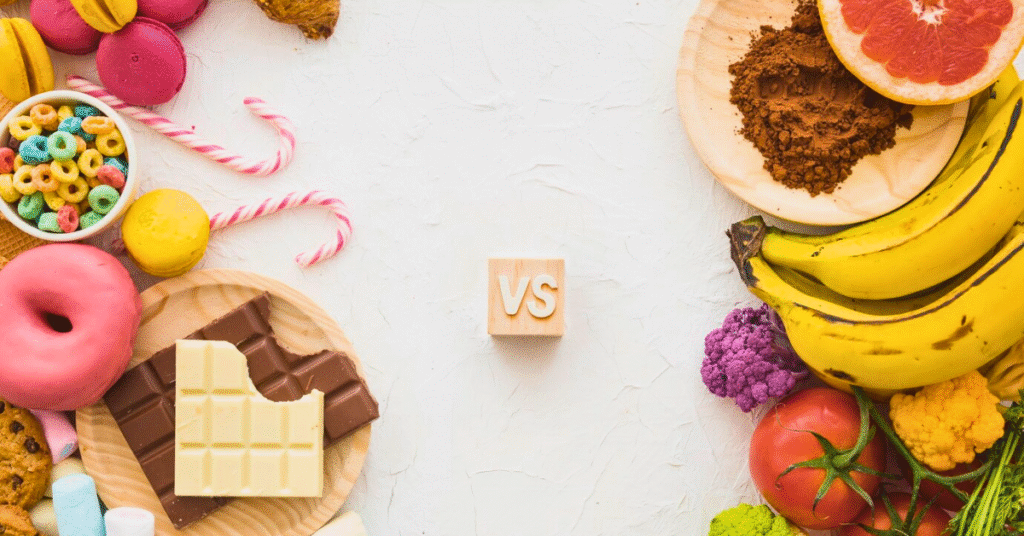  processed meal versus a fresh, colorful healthy meal
